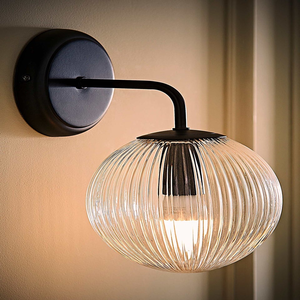 ValueLights Kempton Matte Black Wall Light with Ribbed Globe Shade