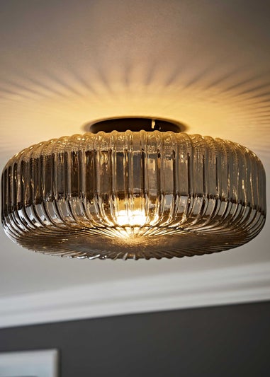 ValueLights Calpe Large Black Ceiling Light Ribbed Smoked Shade