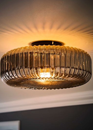 ValueLights Calpe Large Black Ceiling Light Ribbed Smoked Shade