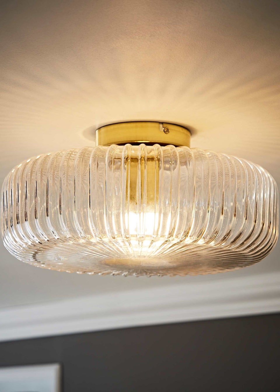 ValueLights Calpe Large Brass Ceiling Light Ribbed Smoked Shade