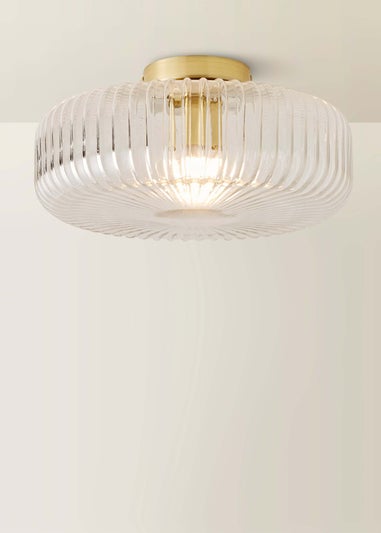 ValueLights Calpe Large Brass Ceiling Light Ribbed Smoked Shade