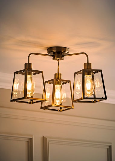 ValueLights Susie 3 Arm Antique Brass Glass Lantern Ceiling Light