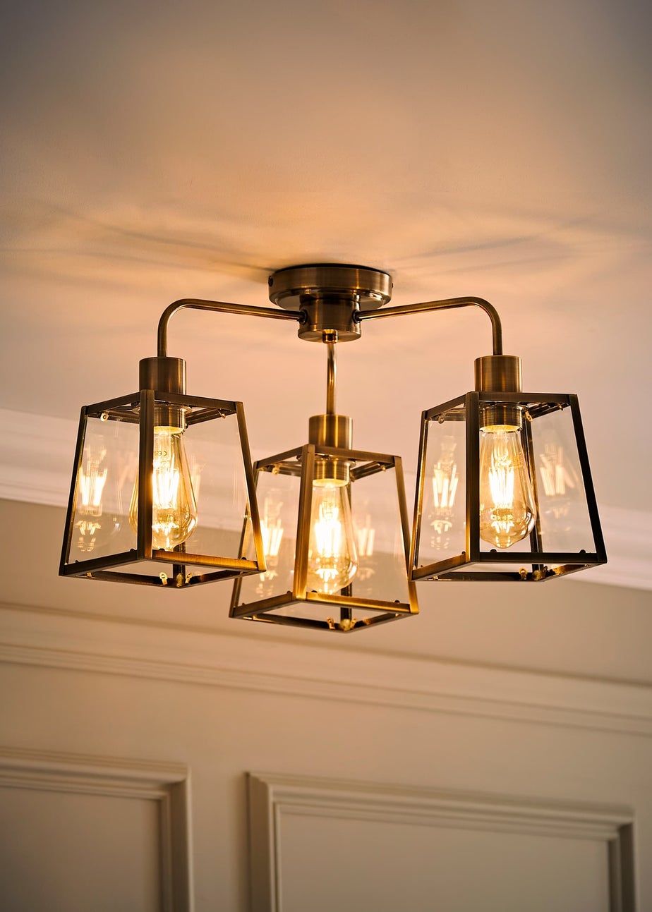 ValueLights Susie 3 Arm Antique Brass Glass Lantern Ceiling Light