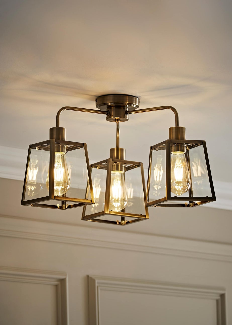 ValueLights Susie 3 Arm Antique Brass Glass Lantern Ceiling Light