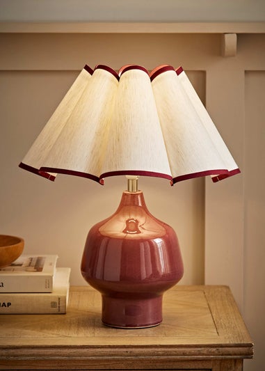 ValueLights Jamie Burgundy Ceramic Table Lamp with Scallop Trim Shade