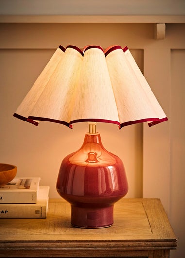 ValueLights Jamie Burgundy Ceramic Table Lamp with Scallop Trim Shade
