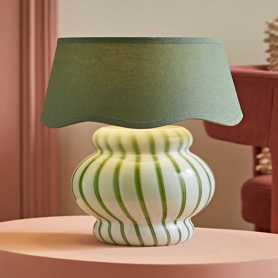 ValueLights Taffy Green Stripe Glass Table Lamp with Sage Scallop Shade