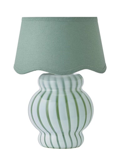 ValueLights Taffy Green Stripe Glass Table Lamp with Sage Scallop Shade