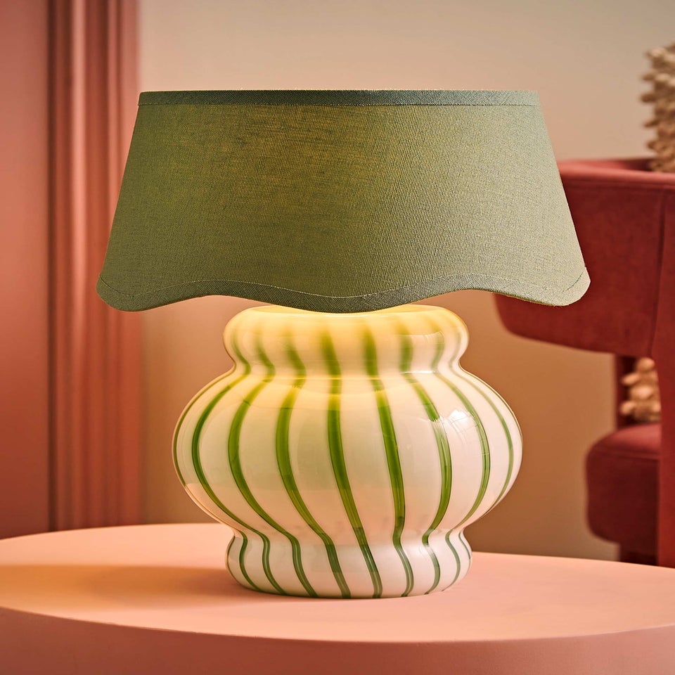 ValueLights Taffy Green Stripe Glass Table Lamp with Sage Scallop Shade