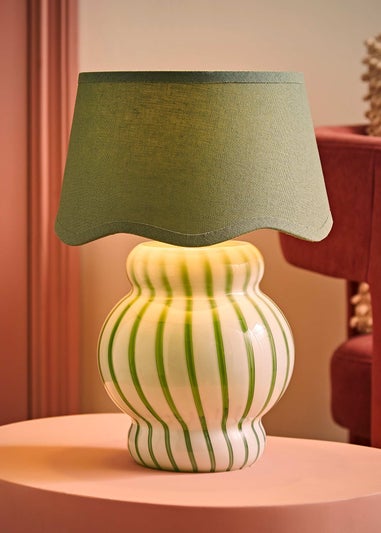 ValueLights Taffy Green Stripe Glass Table Lamp with Sage Scallop Shade