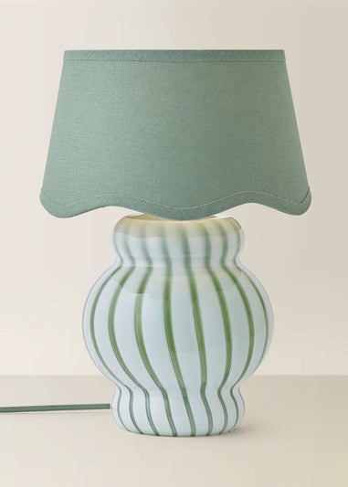 ValueLights Taffy Green Stripe Glass Table Lamp with Sage Scallop Shade