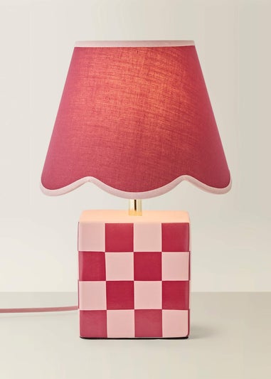 ValueLights Evie Burgundy Checkerboard Table Lamp with Scallop Shade