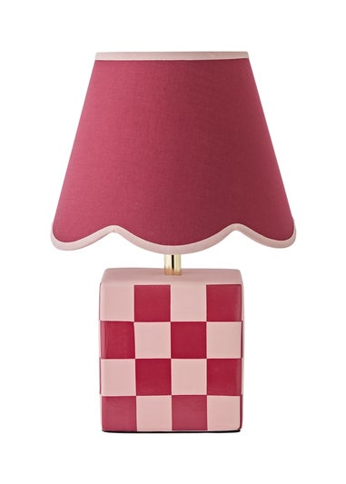 ValueLights Evie Burgundy Checkerboard Table Lamp with Scallop Shade