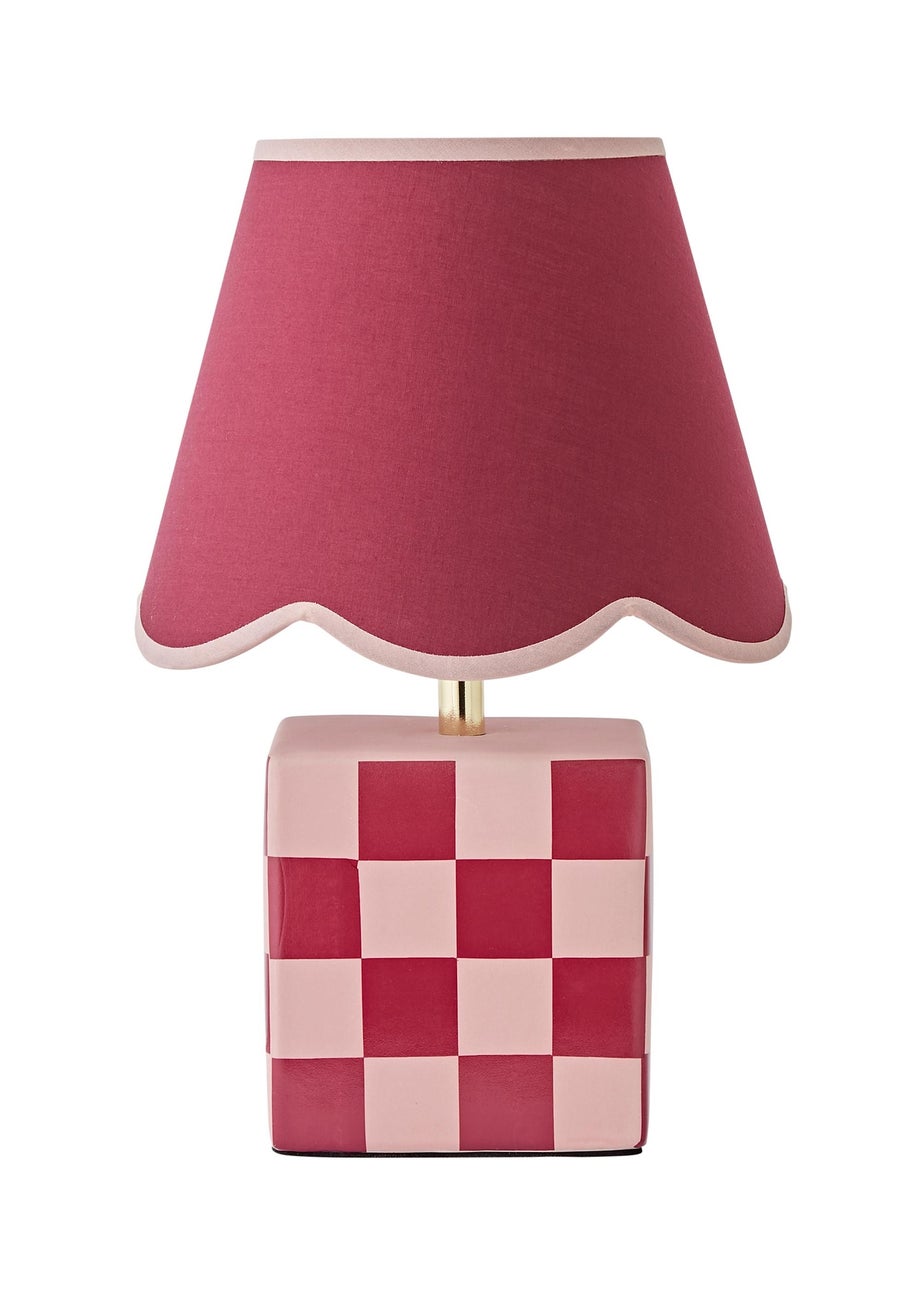 ValueLights Evie Burgundy Checkerboard Table Lamp with Scallop Shade