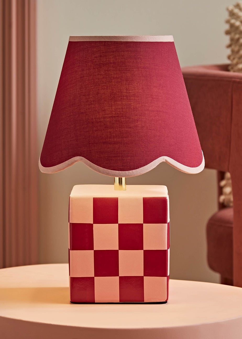 ValueLights Evie Burgundy Checkerboard Table Lamp with Scallop Shade