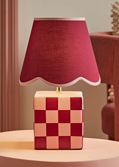 ValueLights Evie Burgundy Checkerboard Table Lamp with Scallop Shade