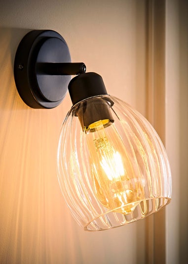 ValueLights Cheltenham Black Adjustable Wall Spotlight Ribbed Shade