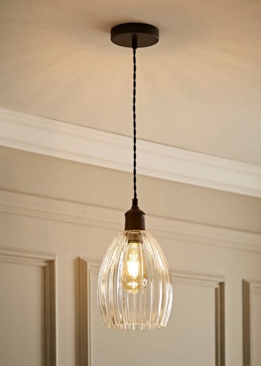 ValueLights Cheltenham Black Ceiling Pendant Light Ribbed Shade