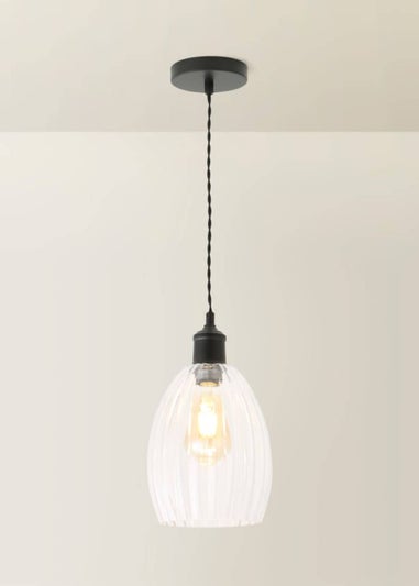 ValueLights Cheltenham Black Ceiling Pendant Light Ribbed Shade