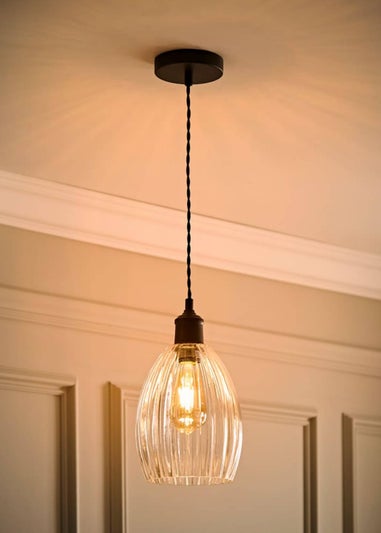 ValueLights Cheltenham Black Ceiling Pendant Light Ribbed Shade