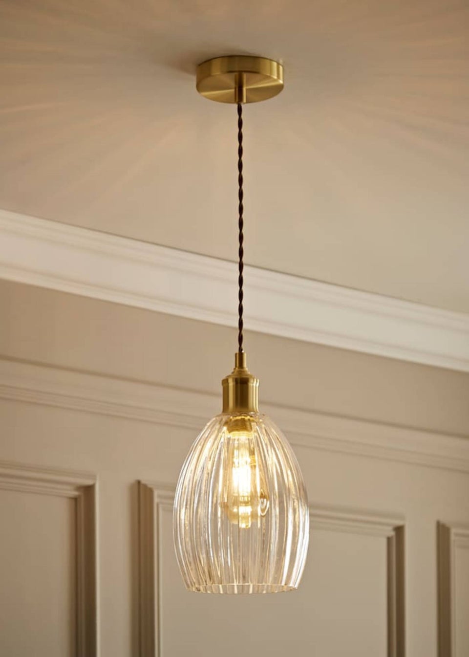 ValueLights Cheltenham Gold Ceiling Pendant Light Ribbed Shade