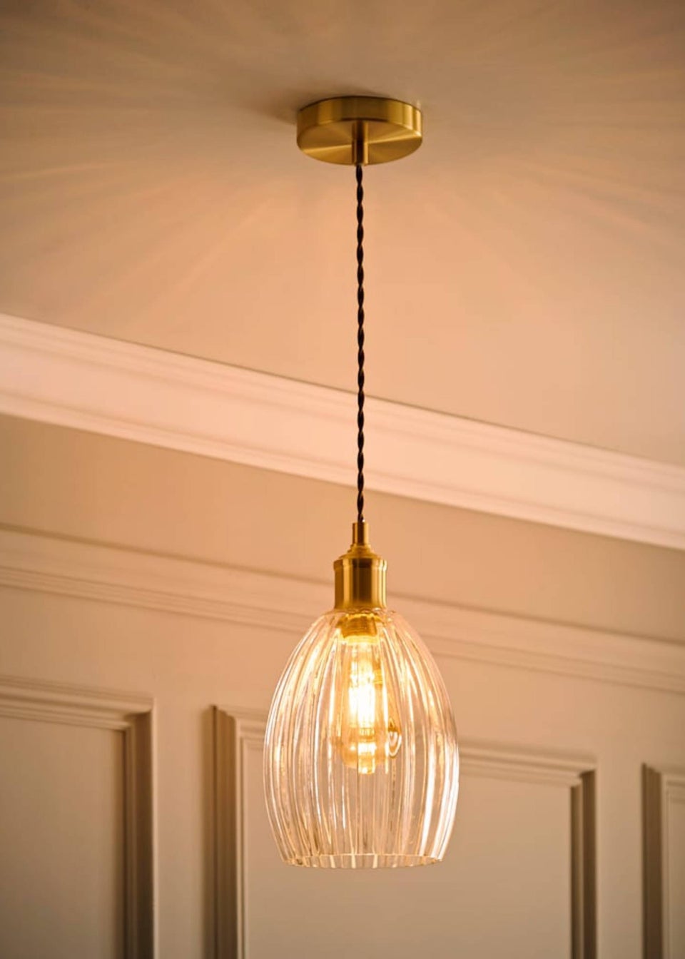 ValueLights Cheltenham Gold Ceiling Pendant Light Ribbed Shade