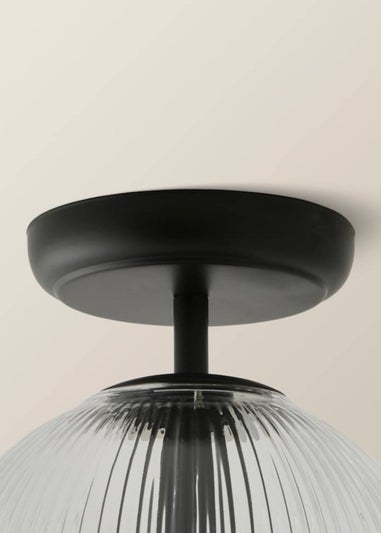 ValueLights Kempton Black Flush Ceiling Light Ribbed Globe Shade