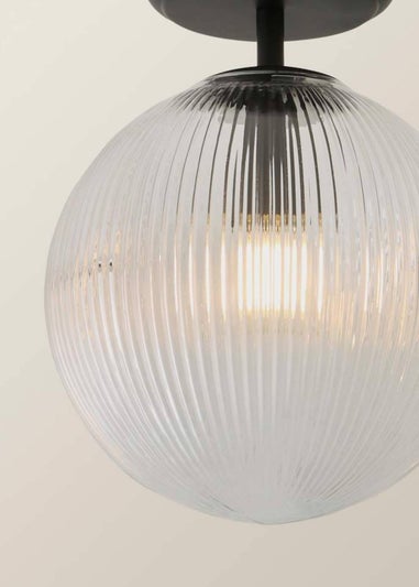 ValueLights Kempton Black Flush Ceiling Light Ribbed Globe Shade