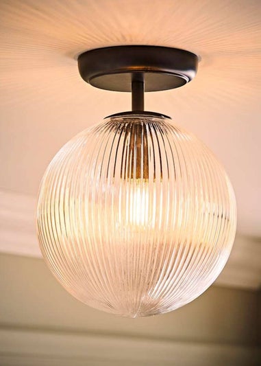ValueLights Kempton Black Flush Ceiling Light Ribbed Globe Shade
