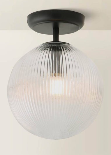 ValueLights Kempton Black Flush Ceiling Light Ribbed Globe Shade