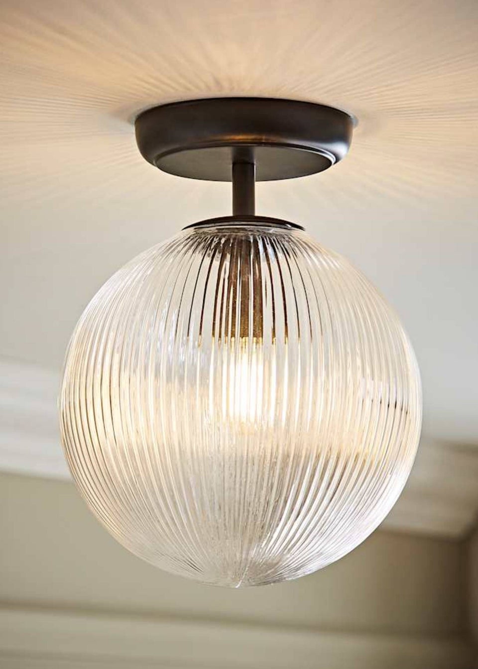 ValueLights Kempton Black Flush Ceiling Light Ribbed Globe Shade