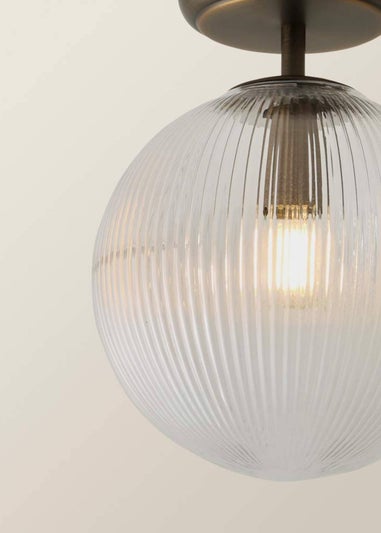 ValueLights Kempton Brass Flush Ceiling Light with Ribbed Globe Shade