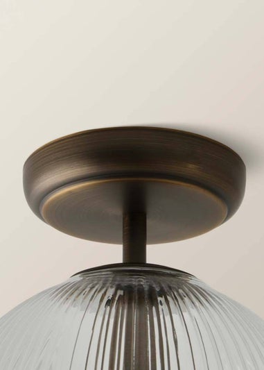 ValueLights Kempton Brass Flush Ceiling Light with Ribbed Globe Shade