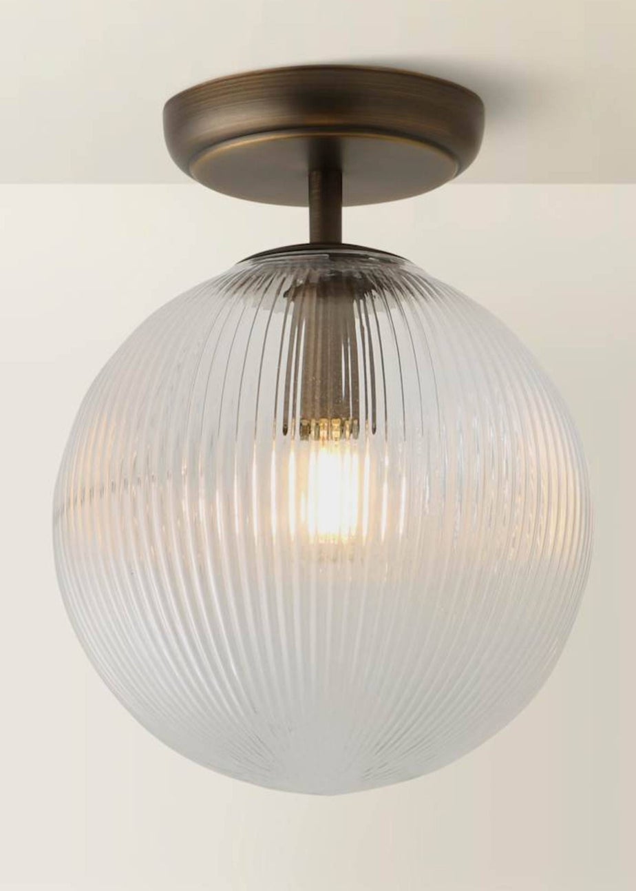 ValueLights Kempton Brass Flush Ceiling Light with Ribbed Globe Shade