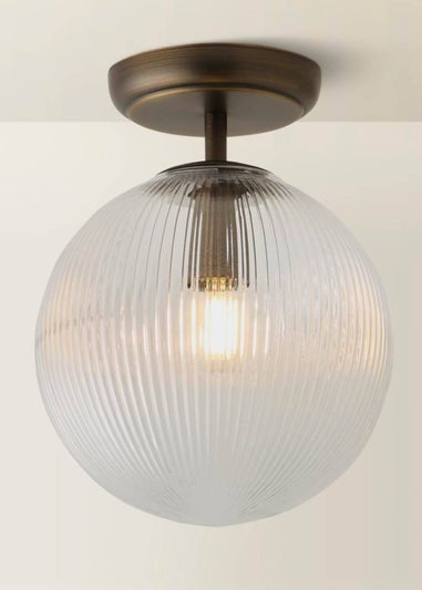 ValueLights Kempton Brass Flush Ceiling Light with Ribbed Globe Shade