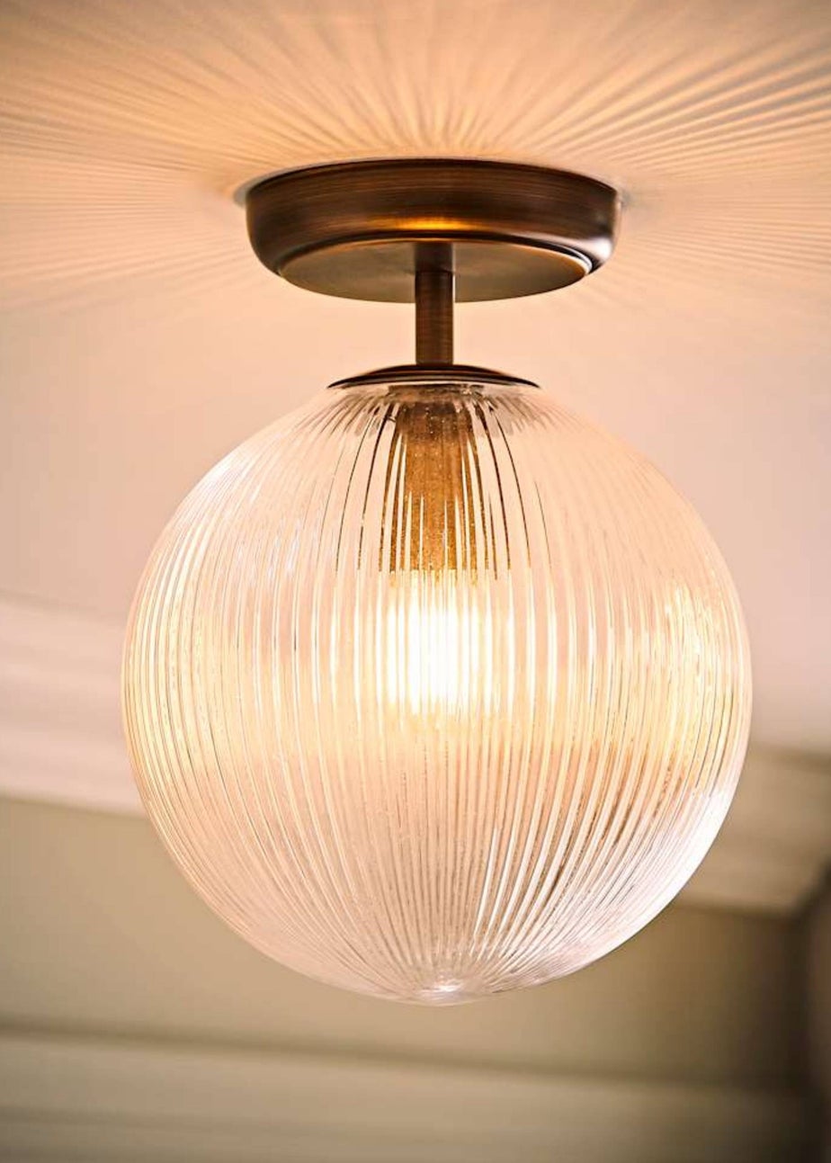 ValueLights Kempton Brass Flush Ceiling Light with Ribbed Globe Shade