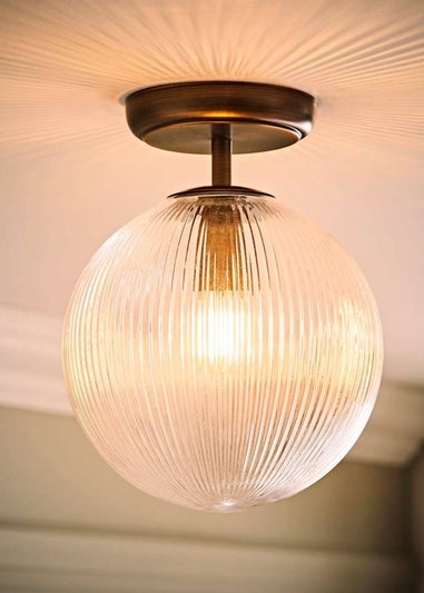 ValueLights Kempton Brass Flush Ceiling Light with Ribbed Globe Shade