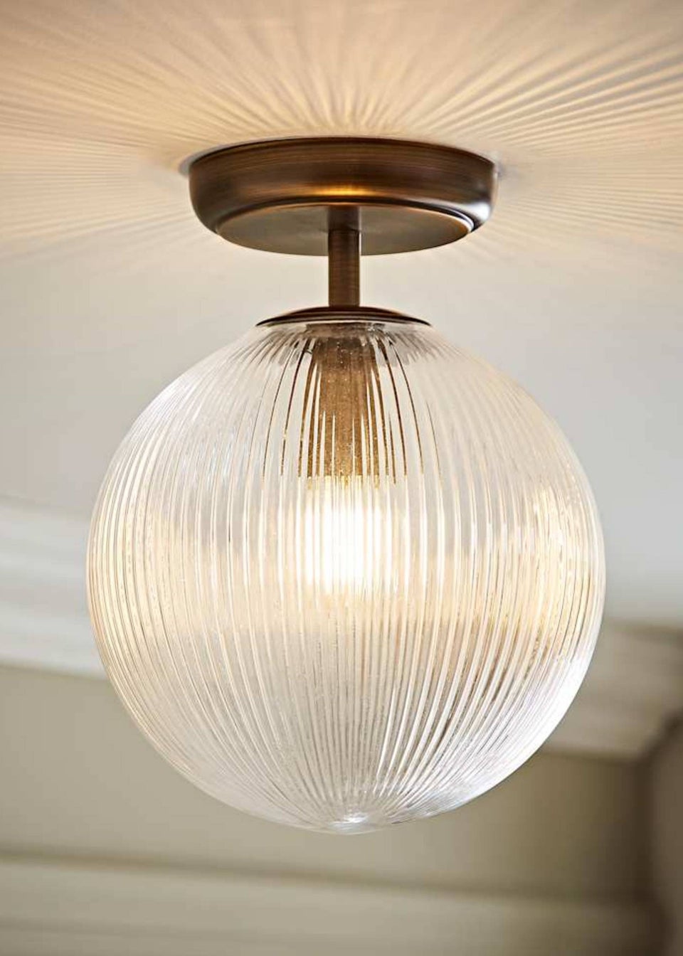 ValueLights Kempton Brass Flush Ceiling Light with Ribbed Globe Shade