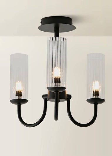 ValueLights Canya 3 Way Black Ceiling Light Clear Ribbed Shades