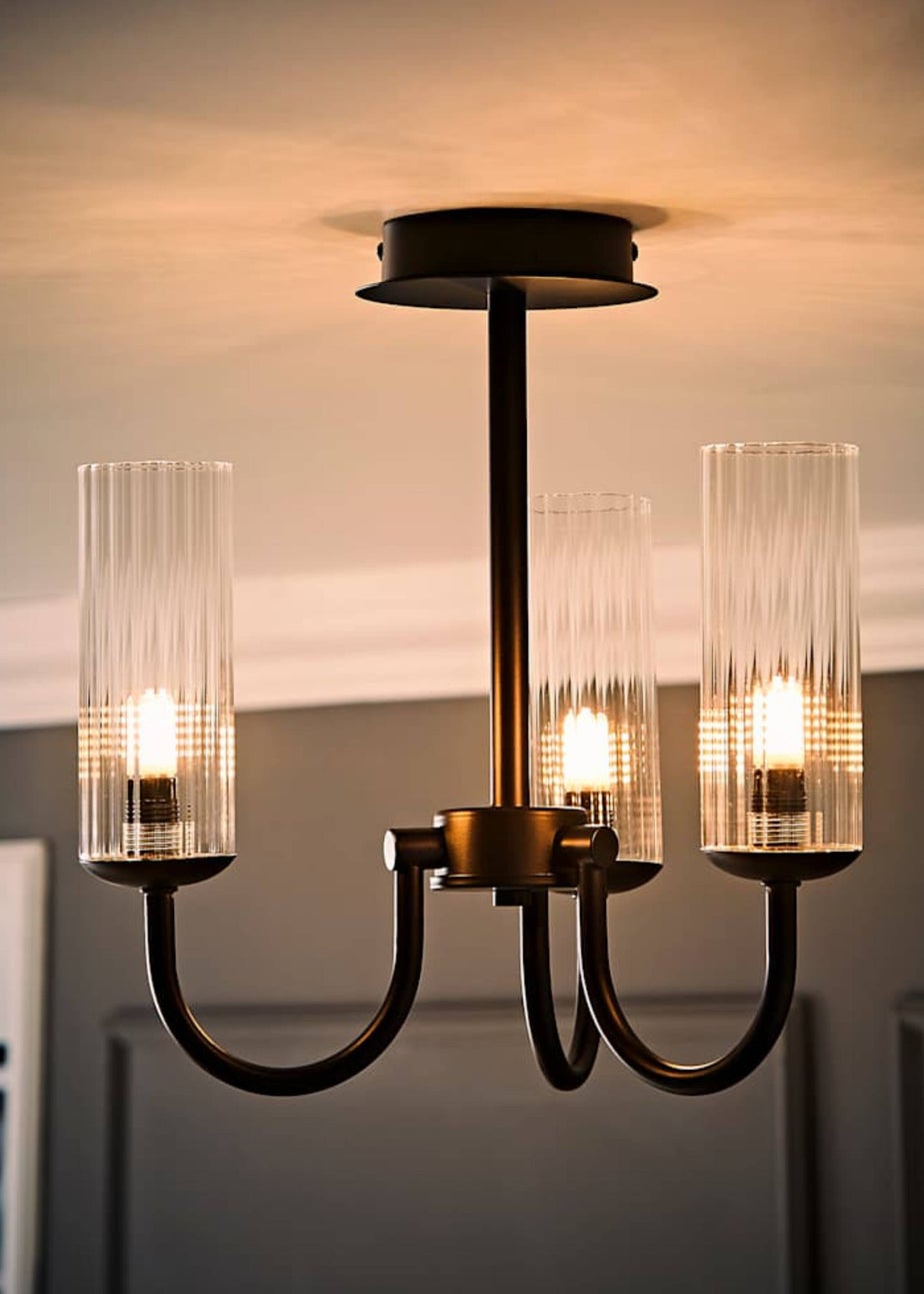 ValueLights Canya 3 Way Black Ceiling Light Clear Ribbed Shades
