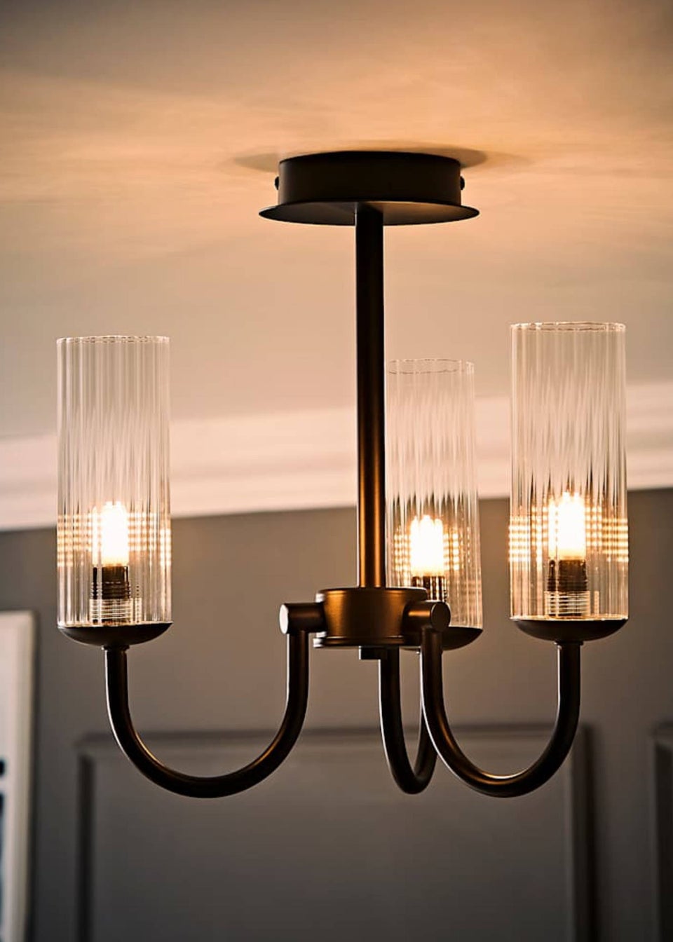 ValueLights Canya 3 Way Black Ceiling Light Clear Ribbed Shades