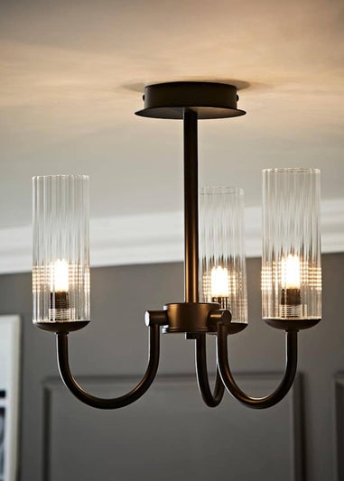 ValueLights Canya 3 Way Black Ceiling Light Clear Ribbed Shades