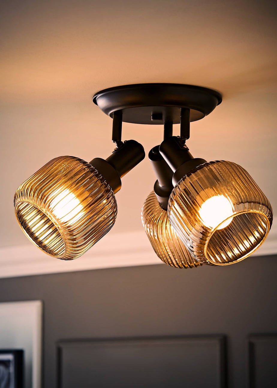 ValueLights Calpe 3 Way Black Ceiling Spotlight Ribbed Smoked Shades
