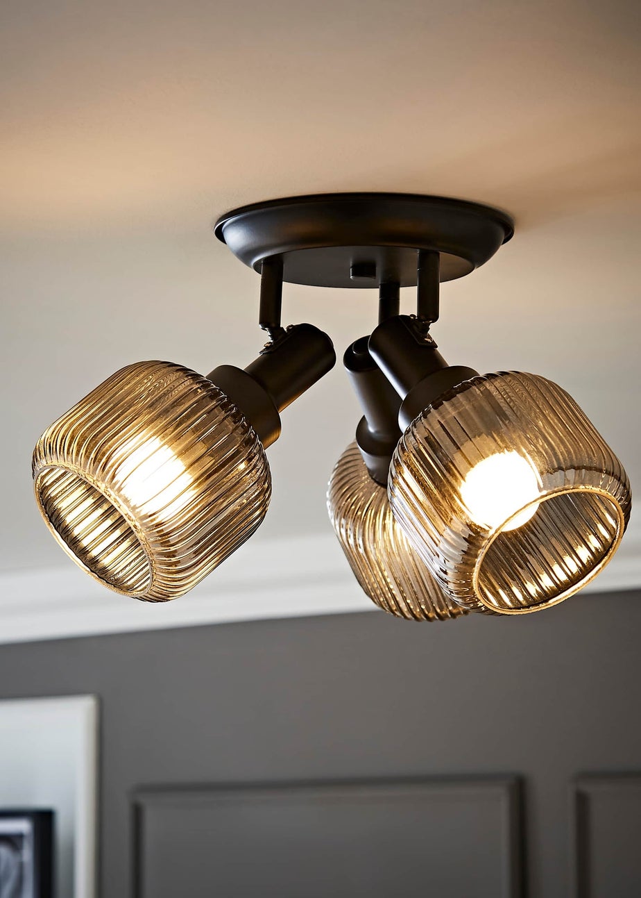 ValueLights Calpe 3 Way Black Ceiling Spotlight Ribbed Smoked Shades