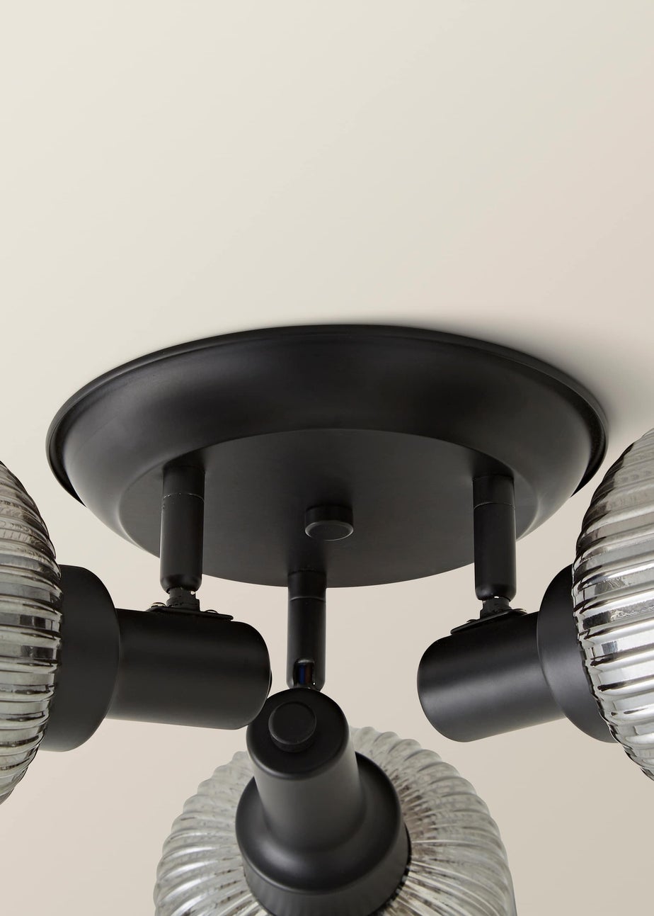 ValueLights Calpe 3 Way Black Ceiling Spotlight Ribbed Smoked Shades