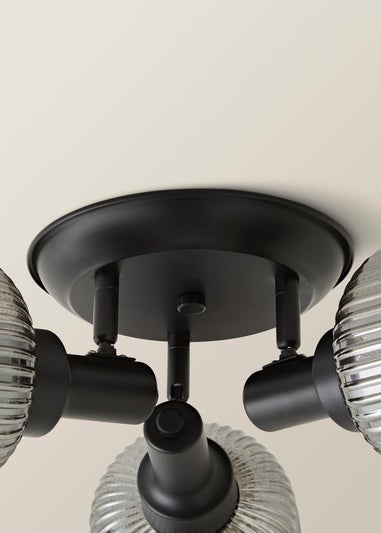 ValueLights Calpe 3 Way Black Ceiling Spotlight Ribbed Smoked Shades
