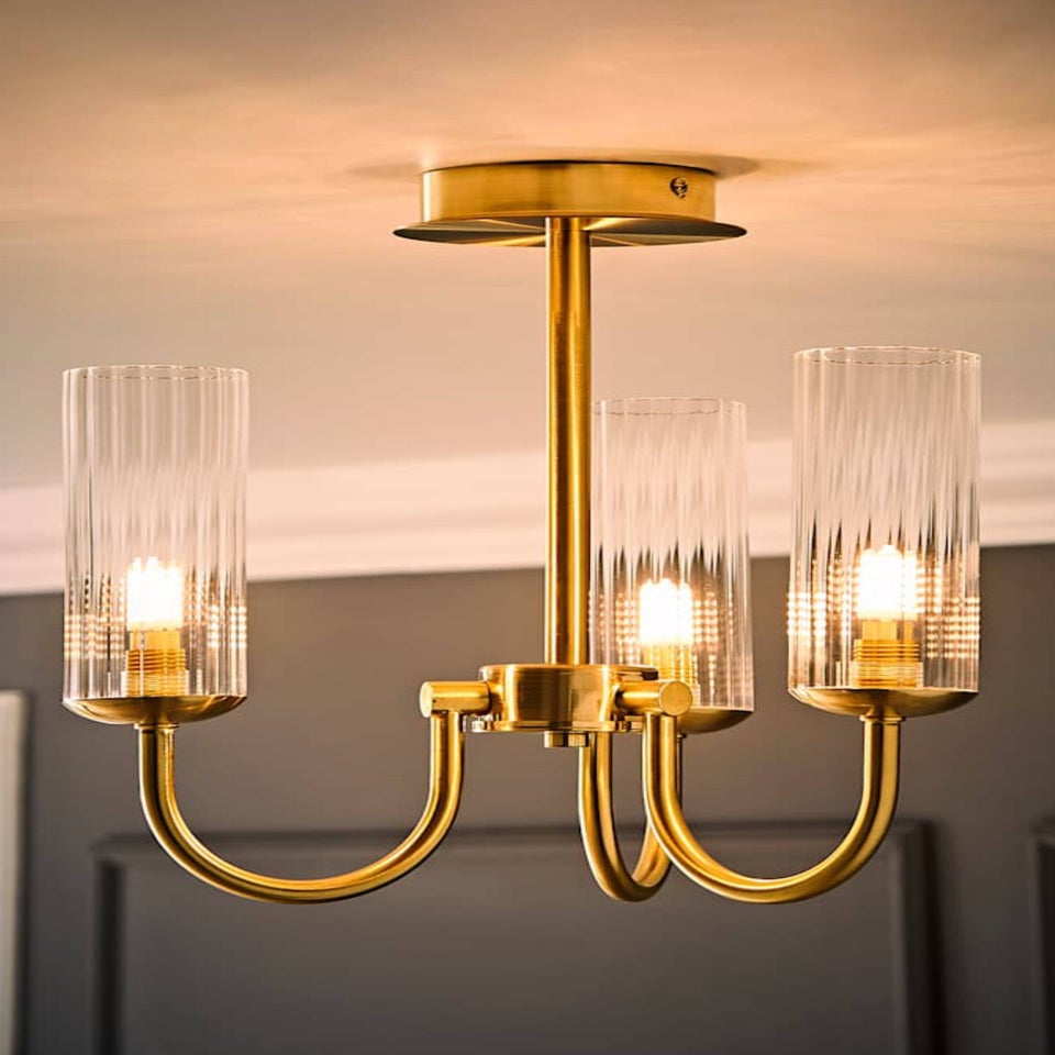 ValueLights Canya 3 Way Gold Ceiling Light Clear Ribbed Shades