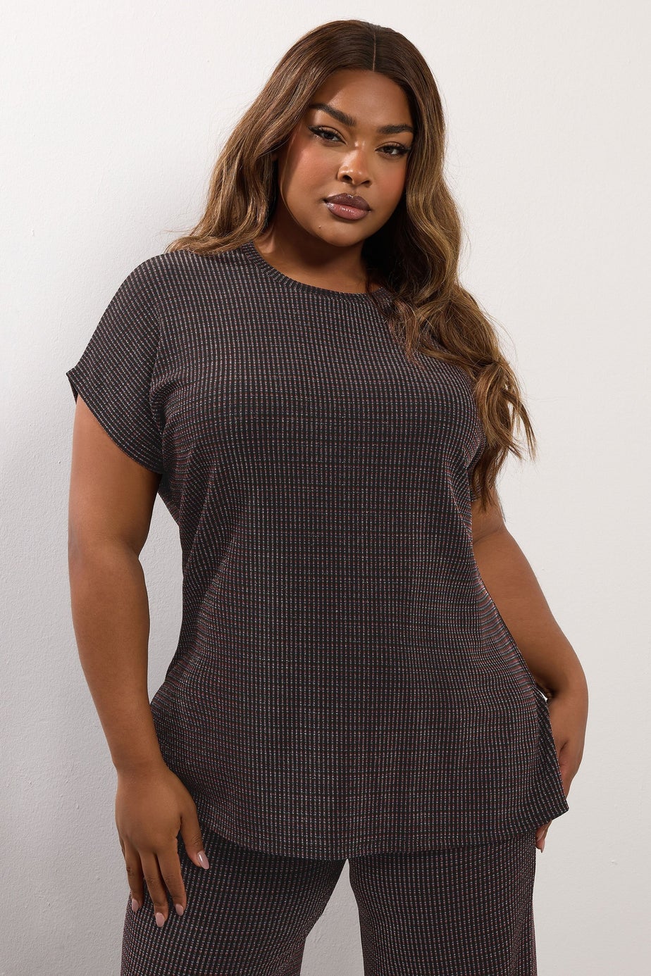 Yours Black Metallic Grown On Sleeve T-Shirt