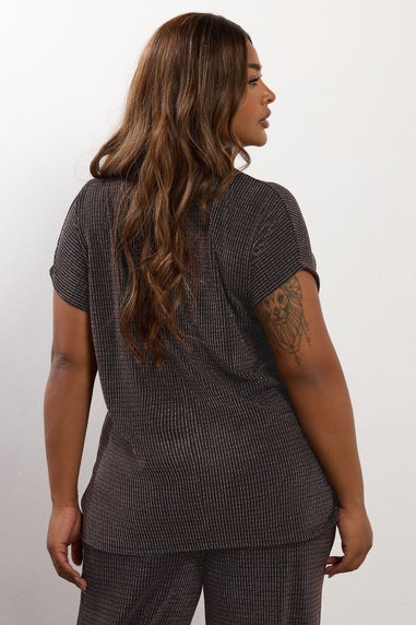 Yours Black Metallic Grown On Sleeve T-Shirt