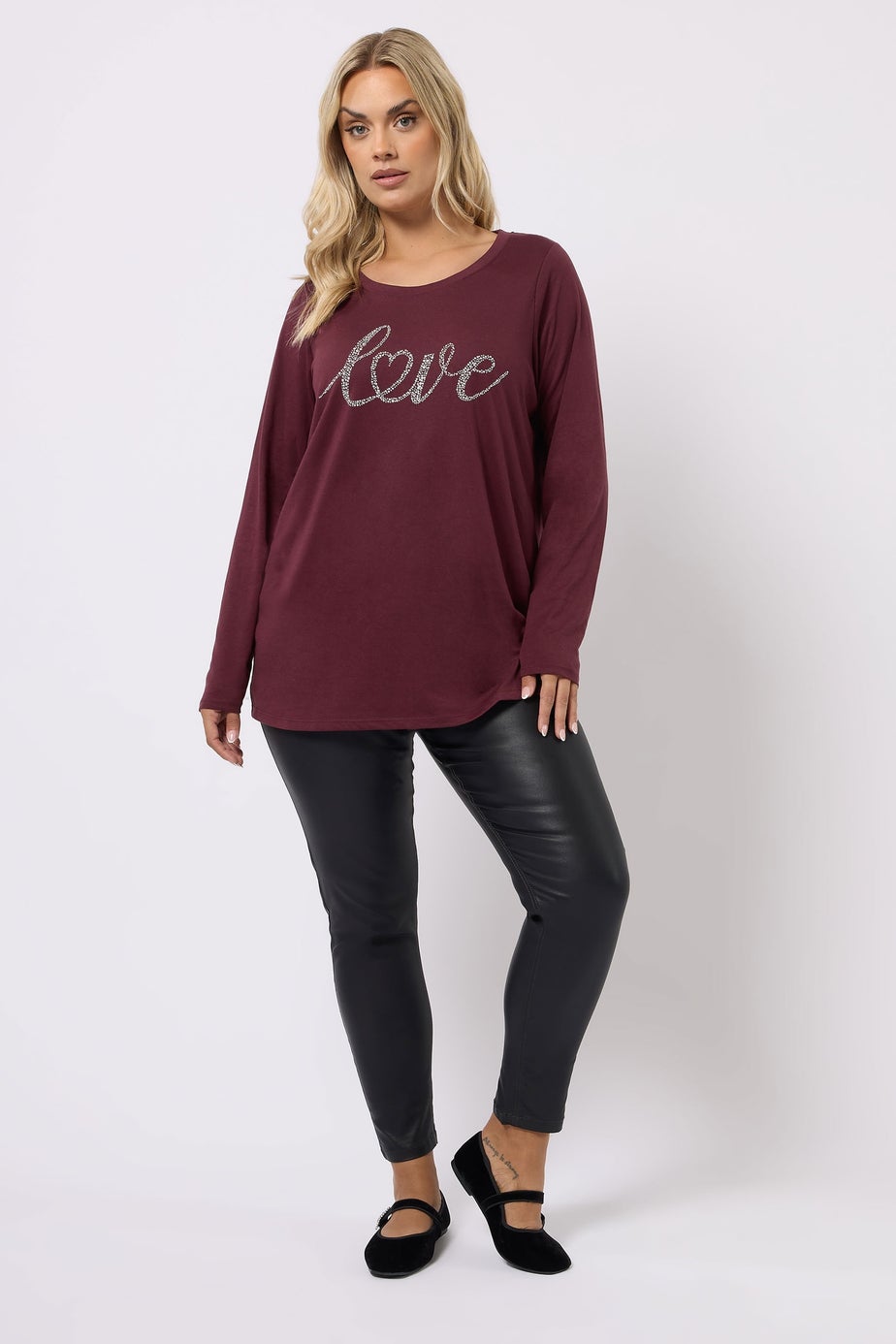 Yours Curve Wine Red 'Love' Long Sleeve T-Shirt